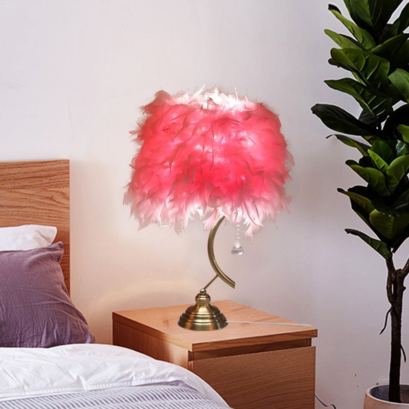 White/Pink Tapered Table Lamp Contemporary 1 Head Feather Nightstand Light with Crystal Drop