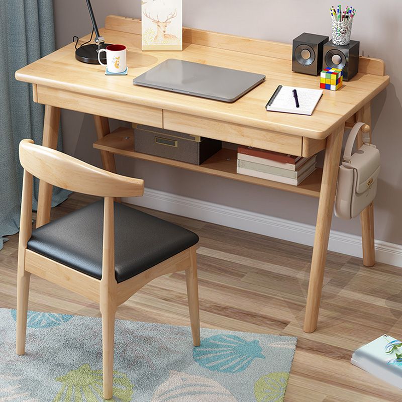 Rubber Wood Writing Desk with 2 Drawers and 1 Shelf Contemporary Desk