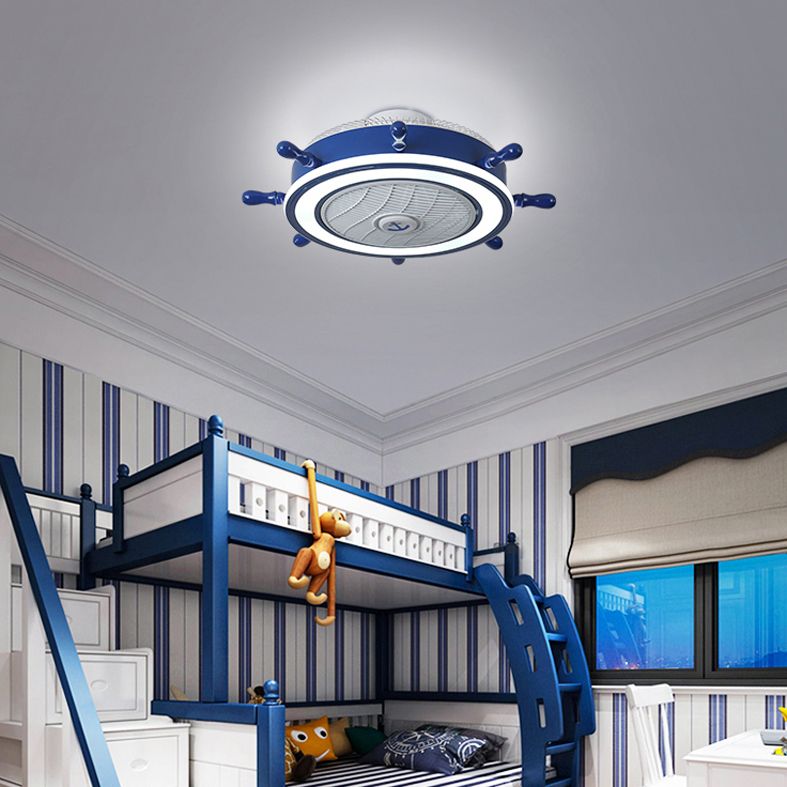 Éclairage de ventilateur de gouvernail bleu marine Méditerranéen LED acrylique Semi Flush Mount Plafond Light for Boys Room