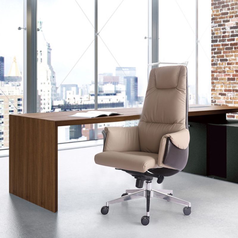 High Back Taupe Leather Office Chair Chrome Frame Task Chair