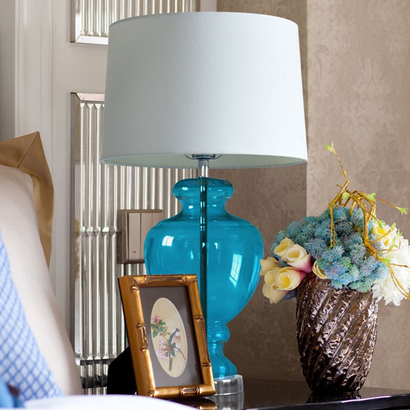 1 Head Table Lighting Retro Bedroom Nightstand Lamp with Urn Blue Glass Base and Drum Fabric Shade