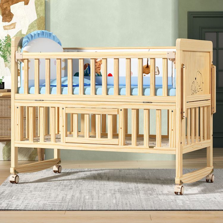 Modern Convertible Crib in Natural Solid Wood Nursery Bed with Storage