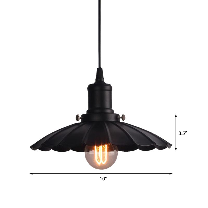 Black Scalloped Hanging Lamp Vintage Industrial Metal 1 Bulb Indoor Ceiling Light Fixture, 10"/12" Diameter