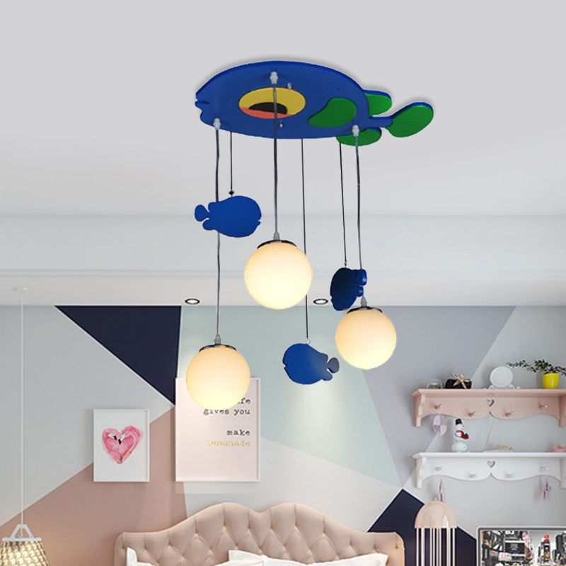 Fish Wooden Multi Light Pendant Kids 3 Bulbs Blue Hanging Lamp with Orb White Glass Shade