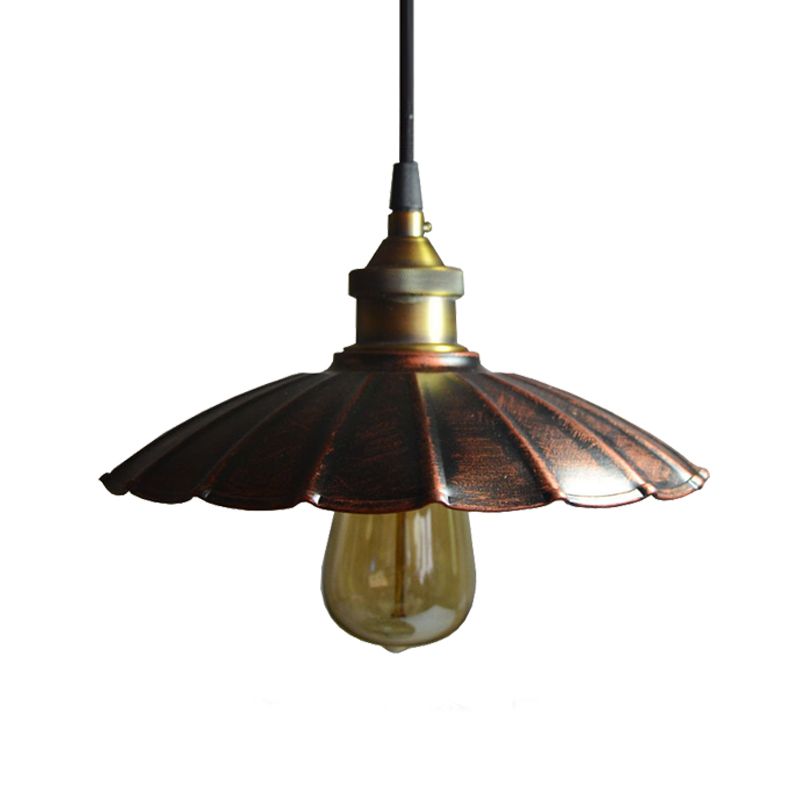 Antiqued Scalloped Drop Pendant Light 1 Bulb 10"/14"/16.5" Wide Iron Ceiling Hang Fixture in Copper