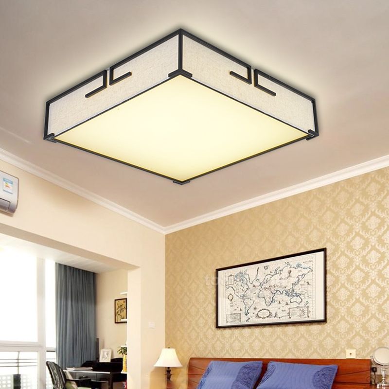 Geometric Shape Flush Mount Modern Ceiling Light with Fabric Shade in White