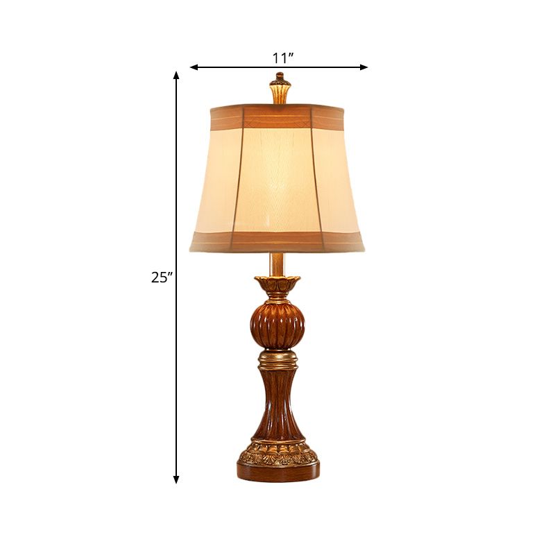 Brown Baluster Base Desk Light Vintage Resin 1 Bulb Study Room Night Stand Lamp with Fabric Shade