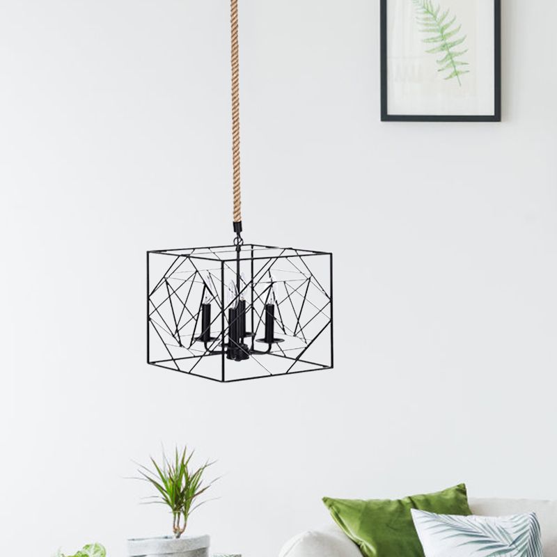 4 Heads Metallic Chandelier Lamp Warehouse Black Cubic Frame Dining Room Pendant with Candlestick Design