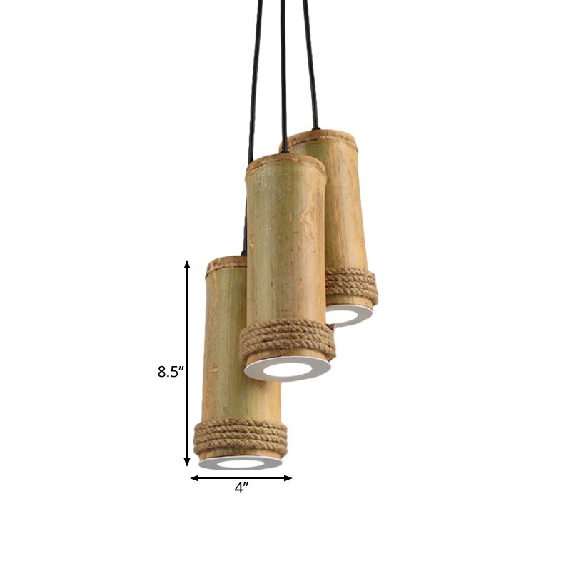 Light Brown 3-Light Cluster Pendant Light Factory Bamboo Cylinder Ceiling Fixture for Restaurant