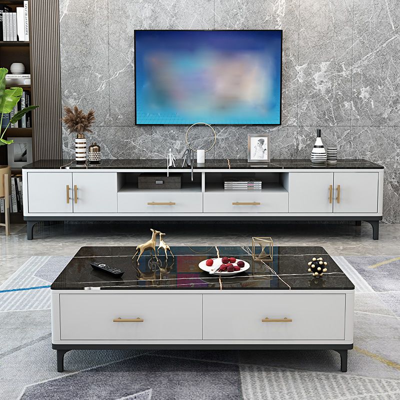 2 Drawers Contemporary TV Stand Stone Counter Top TV Cabinet with 4 Doors