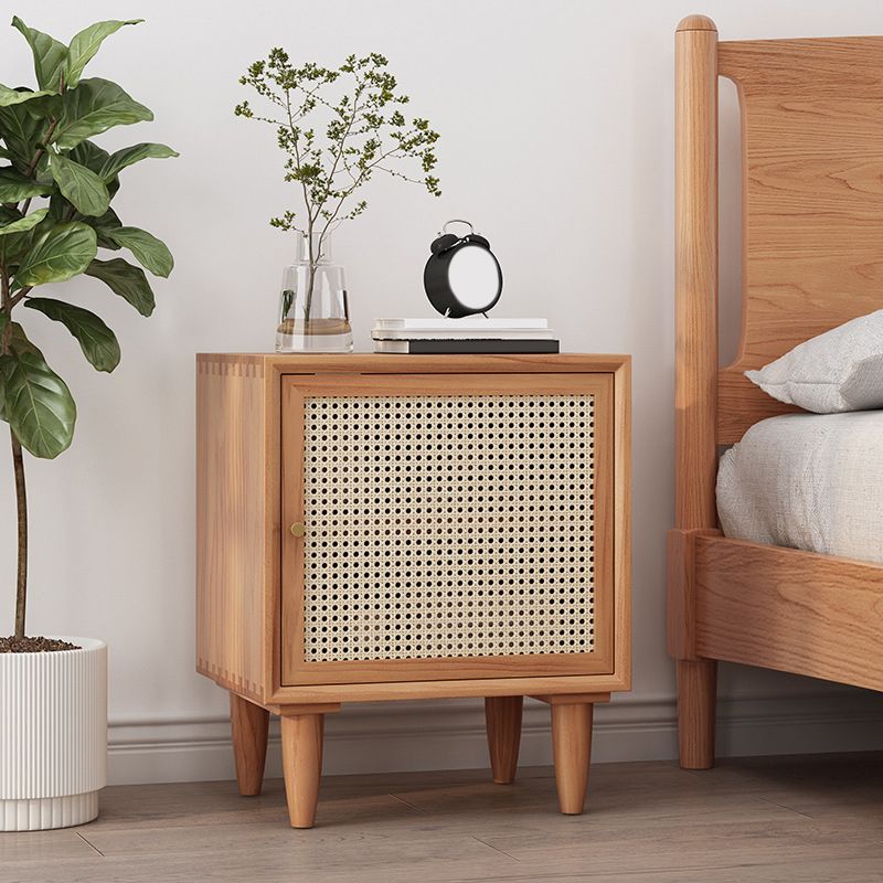 Modern Rattan Nightstand Lower Shelf Bedside Cabinet with Door for Bedroom