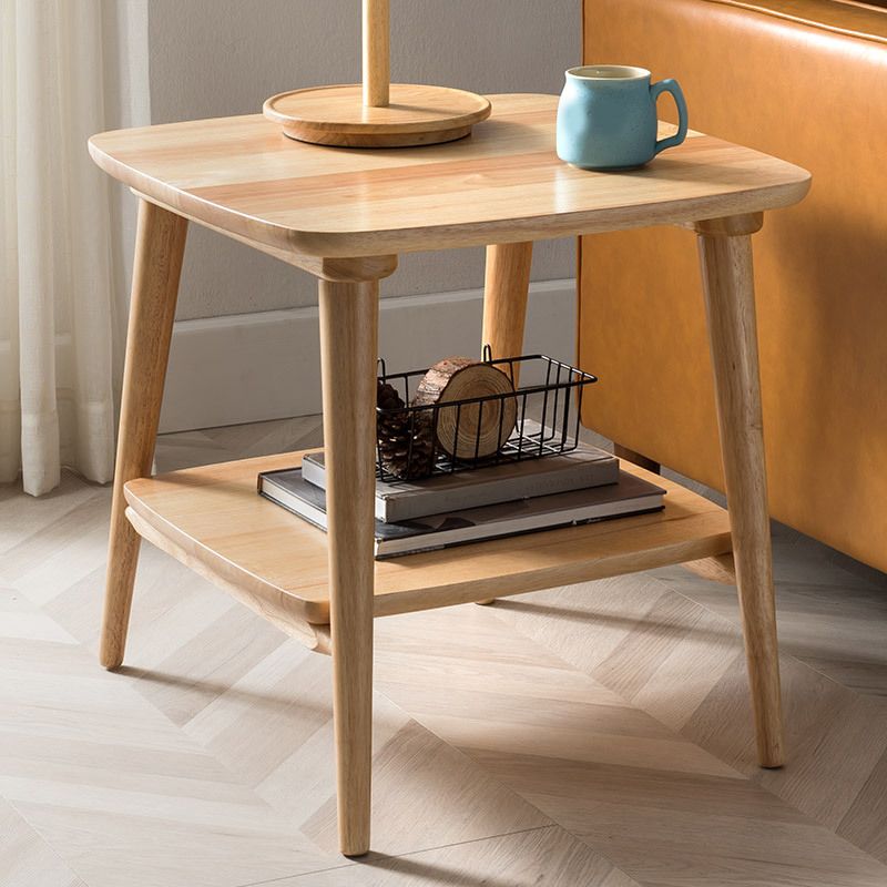 4 Legs End Table Solid Wood Table with Shelf for Living Room in Brone