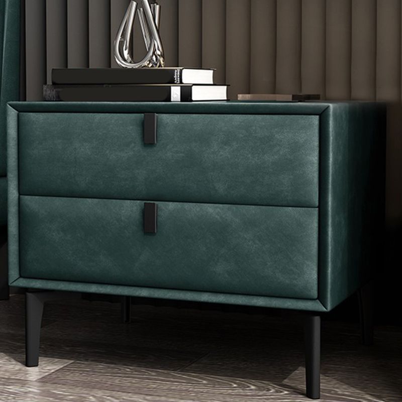 Modern Faux Leather Nightstand Solid Wood 18 Inch H 2-Drawer Storage Night Table