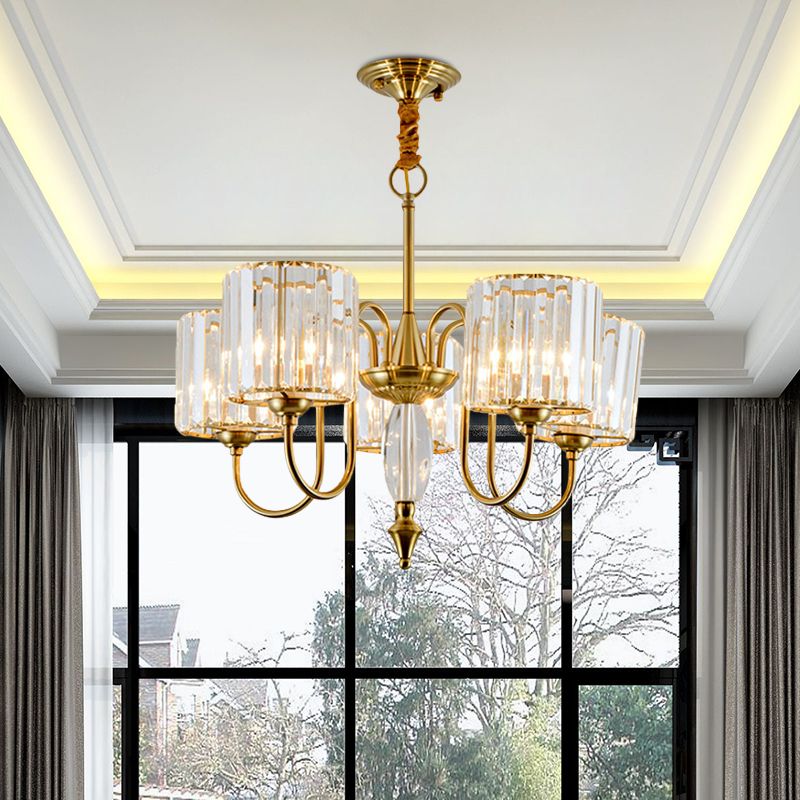 5 Bulbs Pendulum Light with Drum Shade Crystal Block Modernism Dining Room Ceiling Chandelier in Gold