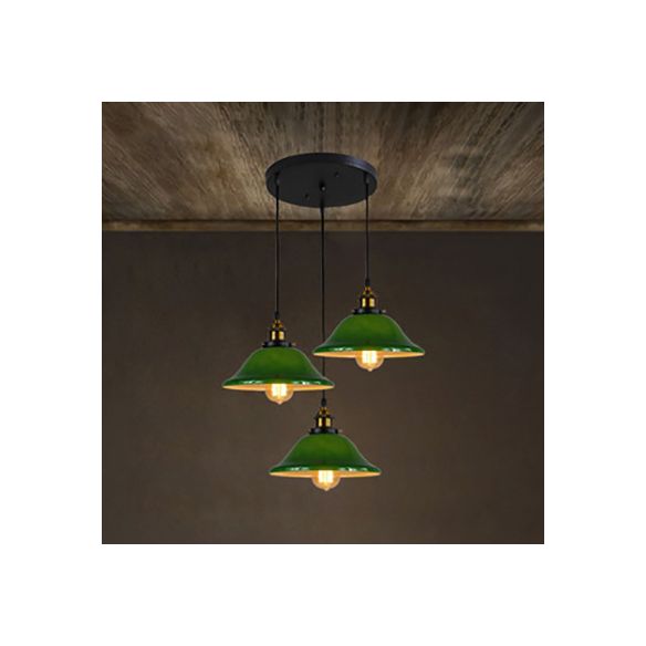 3 Lights Multiple Hanging Light Industrial Flared Green Glass Pendant Lighting in Brass