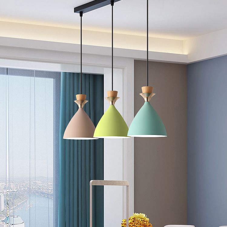 Macaroon 3-Light Cluster Pendant Green-Pink-Yellow Cone Metal Shade Hanging Light with 59" Adjustable Hanging Wire