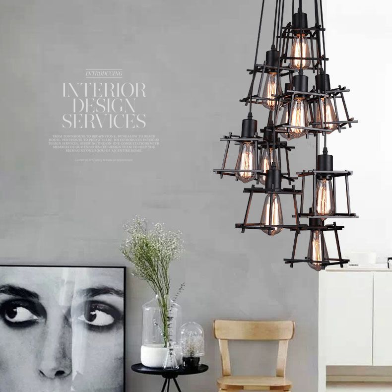 Black Cage Shade Multiple Hanging Pendant Lights Industrial Metal Multi Light Pendant Lighting for Living Room