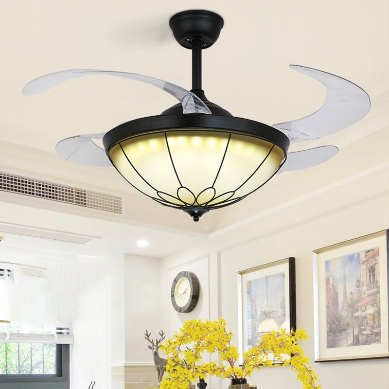 42" W LED Dome Semi Flush Mount Lamp Traditional Black Opal Glass 4 Blades Ceiling Fan Light for Dining Room, Wall/Remote Control