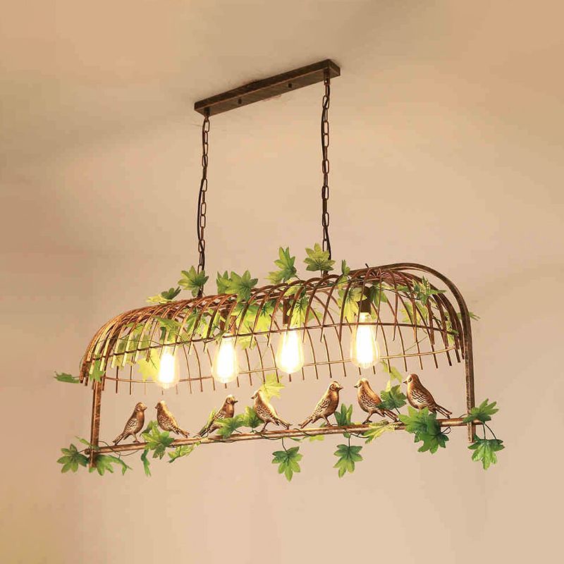 Industrial Bird Cage Pendant Light Iron Hanging Island Light with Ivy Decor in Rust for Restaurant