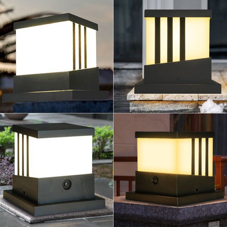 Solar Square Outdoor Lights Black Metal Waterproof Pillar Lamp for Garden