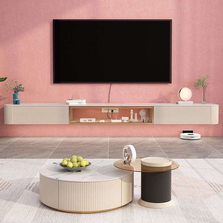 Contemporary TV Console with Drawers Stone and Wood TV Stand