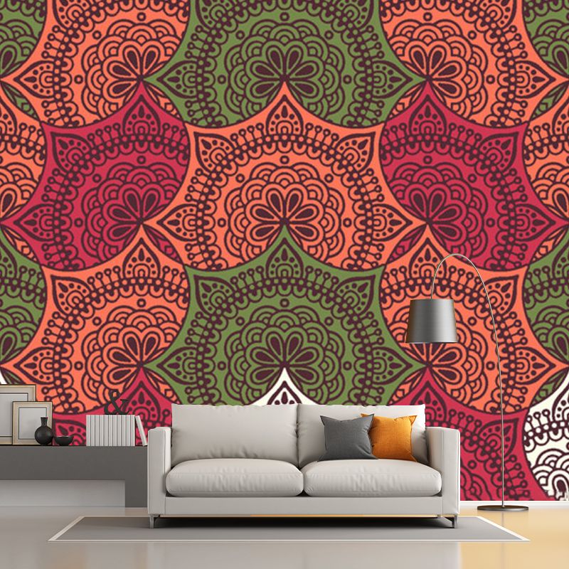 Whole Floral-Print Wall Mural Decal Orange Red Non-Woven Fabric Wall Art, Washable, Custom Size