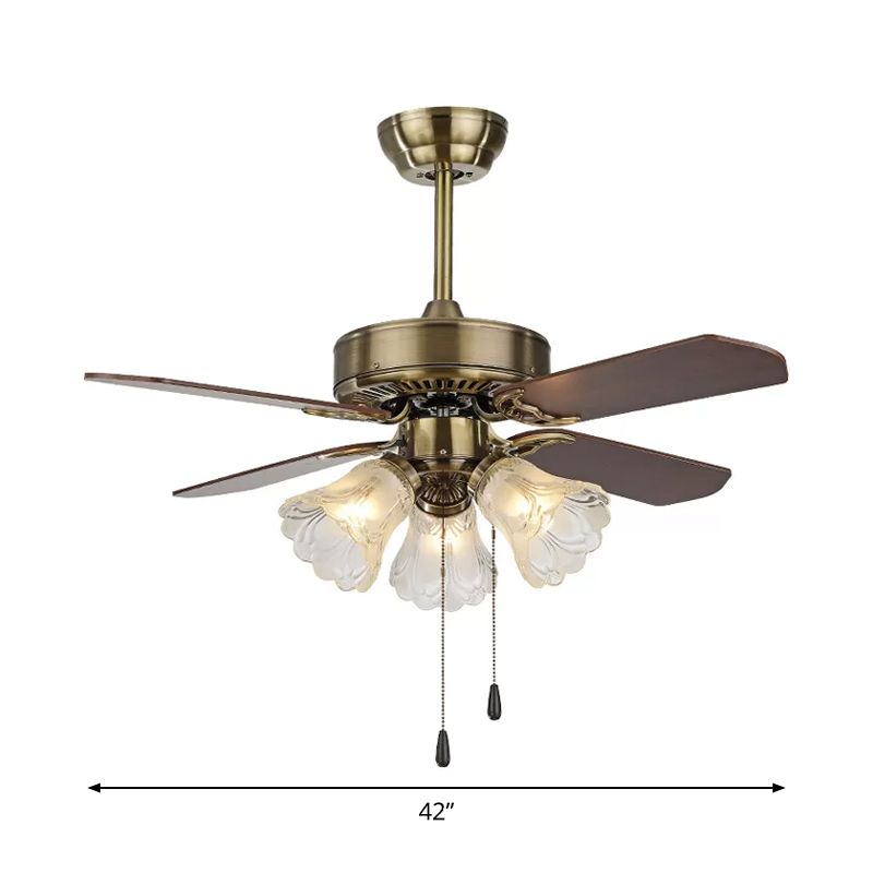 Gold Flower Semi-Flush Mount Countryside Frosted Glass 3-Light Dining Room Hanging Fan Light, 4 Blades