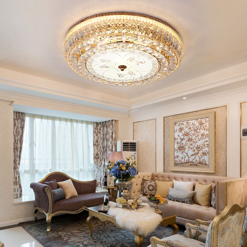 LED Drum Flush Light Modernism Clear Crystal Ceiling Light Fixture with Glass Diffuser and Flower/Butterfly Pattern in Gold