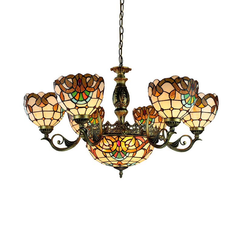 Victorian Style Domed Pendant Lamp 11 Light Stained Glass Ceiling Chandelier in Beige for Living Room