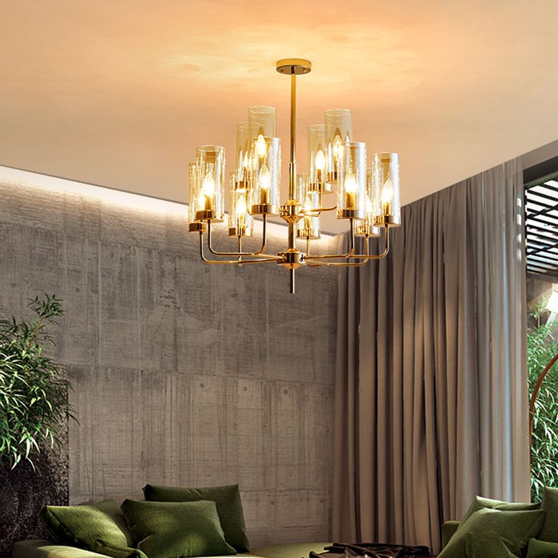 Post-modern Style Chandelier Cylindrical Glass Shade Simplicity Home Decorative Hanging Light in Electroplated Gold