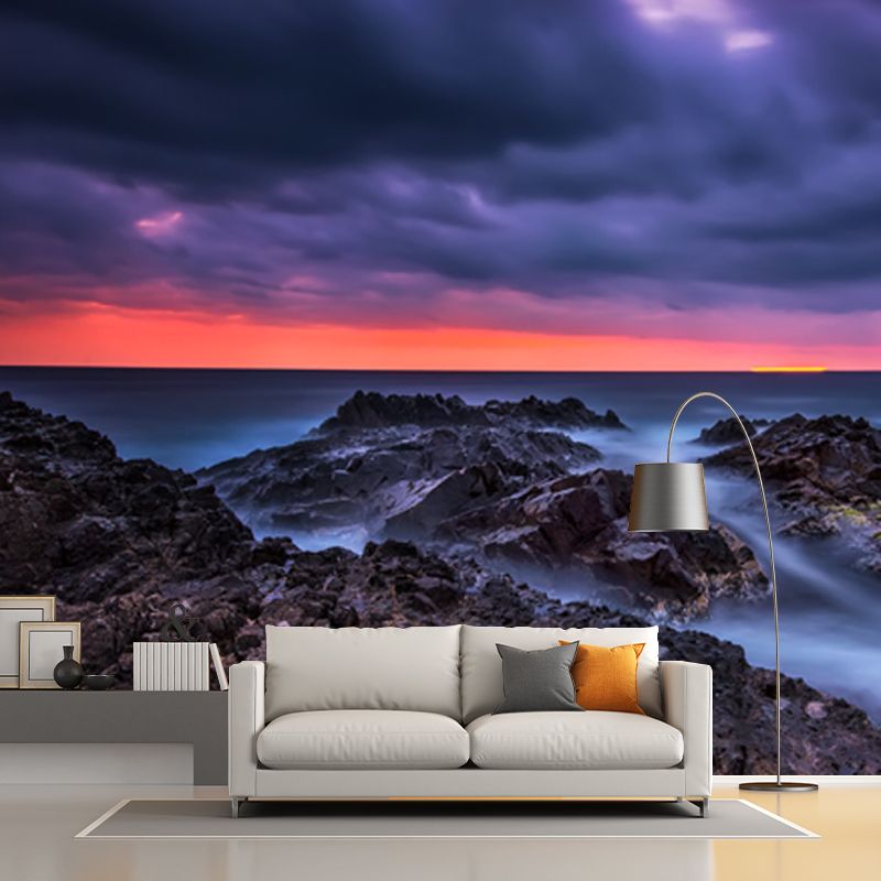 Tropics Sea Rock Sunset Mural Wallpaper Blue Washable Wall Decor for Living Room