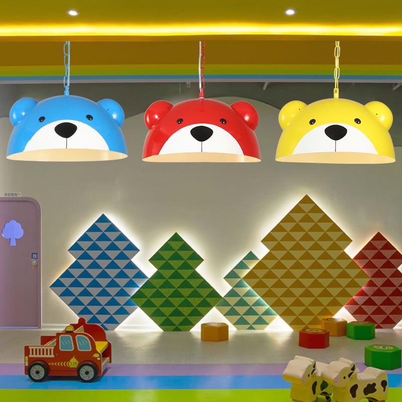 Metallic Dome Pendant Light Fixture Kids 1 Light Red/Yellow Hanging Lamp with Bear Design for Children Bedroom