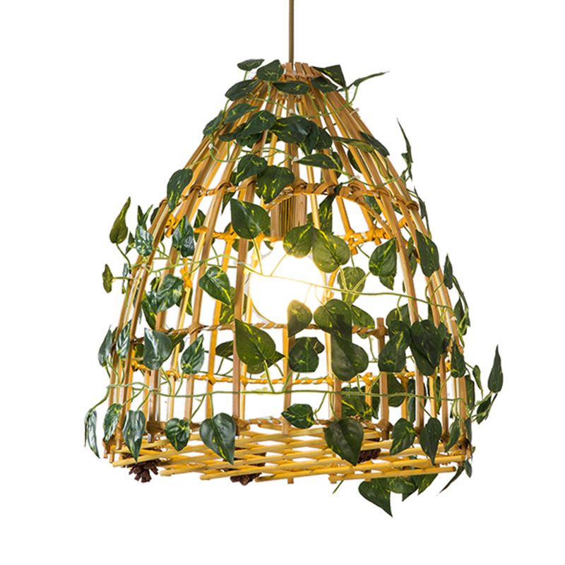 1-Head Pendant Light Kit Antiqued Bell Cage Bamboo Suspension Lamp in Beige with Fake Plant Deco