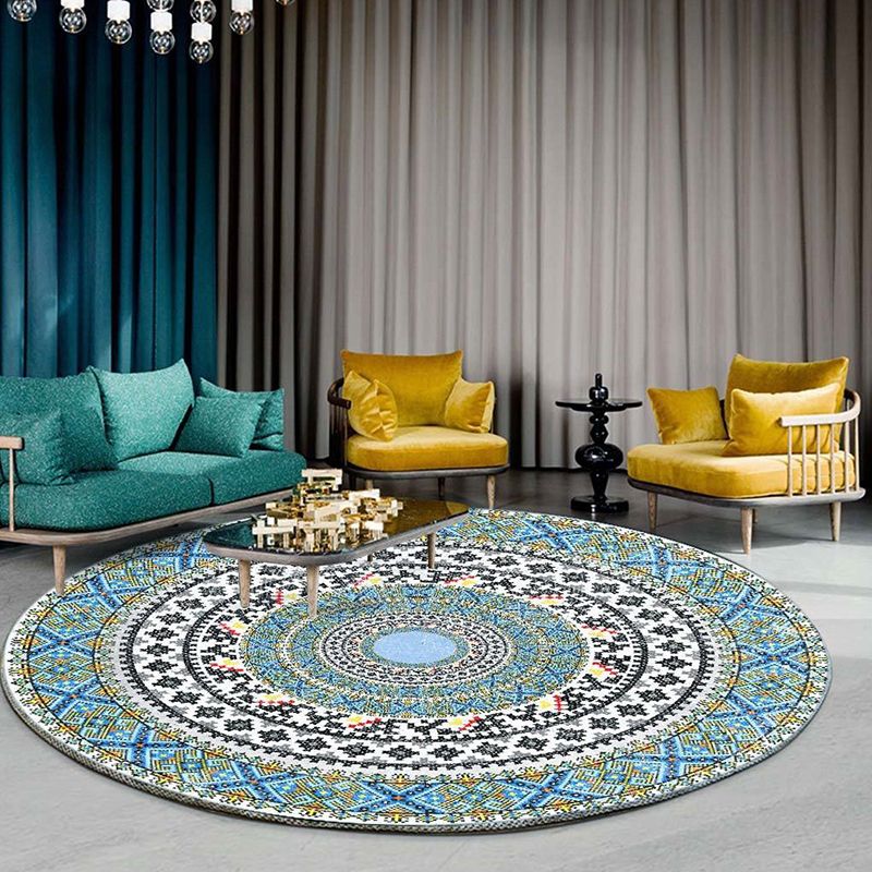 Round Floral Print Carpet Moroccan Area Rug Polyester Stain Resistant for Home Decoration