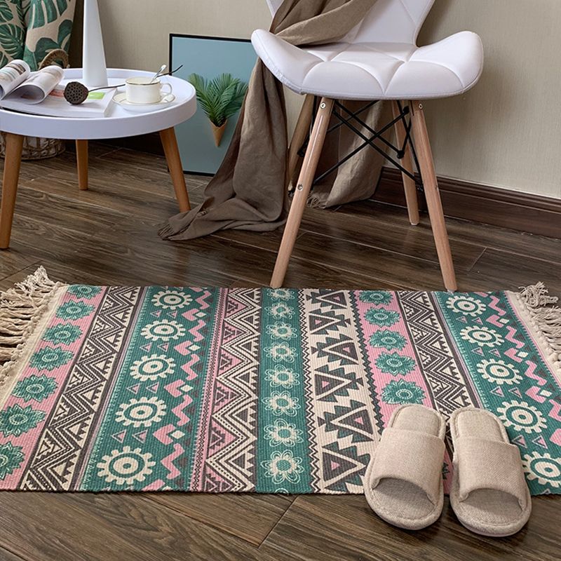 Southwestern Geometric Print Rug Multi-Colored Flax Carpet Hand Twisted Pet Friendly Rug with Fringe for Decoration