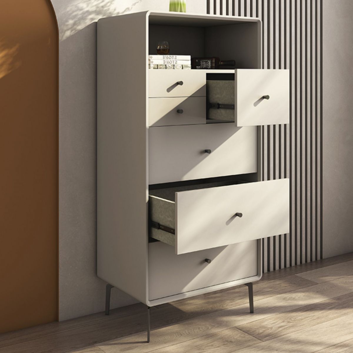 Vertical Leather Chest with Metal Legs Chest with Drawers for Bedroom