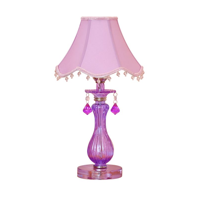 Romantic Pastoral 1 Light Night Lamp Purple Cone/Scalloped Nightstand Light with Fabric Shade and Crystal Accent