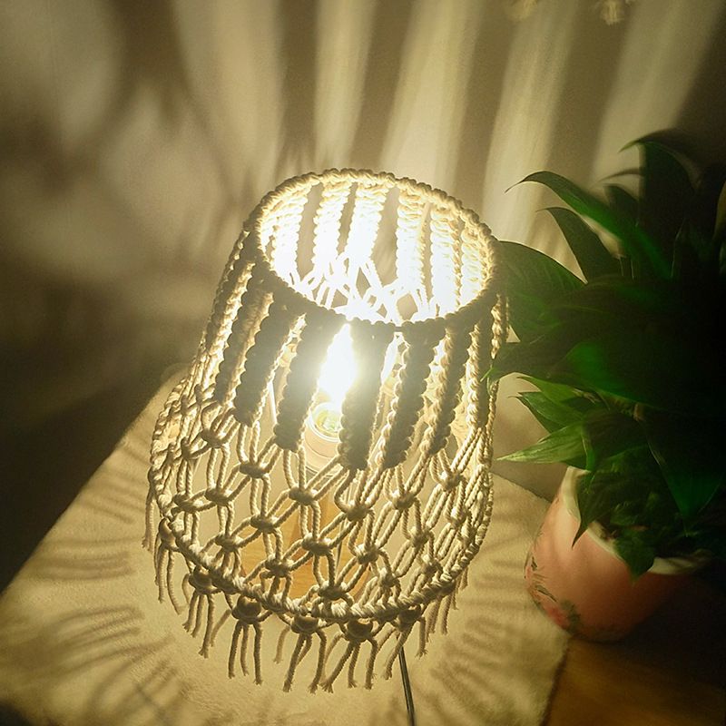 Yellow 1 Head Night Lighting Country Handwoven Rope Tapered Table Lamp with Tassel Fringe