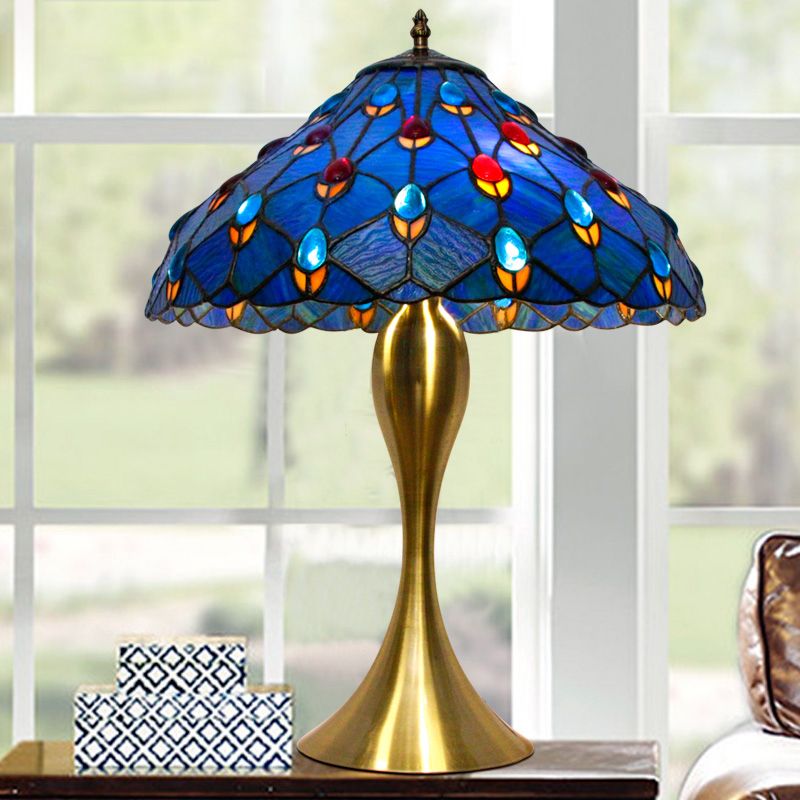 Blue Cone Nightstand Lighting Mediterranean 1 Bulb Hand Cut Glass Task Lamp with Jewel Deco