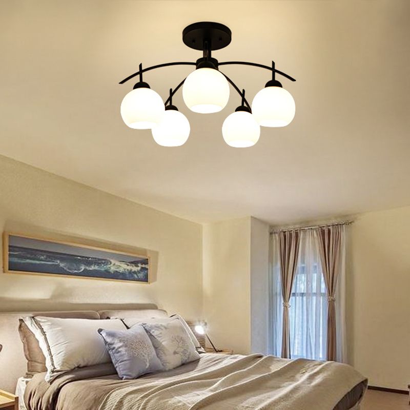 Black Sputnik Semi Flush Mount in Traditional Simplicity Wrought Iron Ceiling Light with Glass Shade