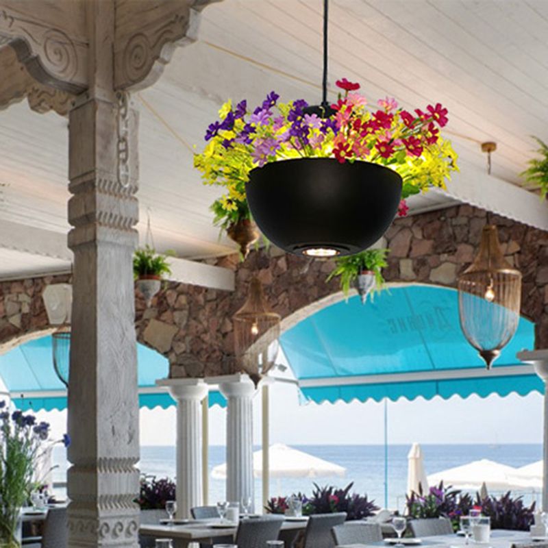 Ciotola industriale Flower Hanging Light 1 lampadina in metallo lampada a sospensione a soffitto a LED in nero per ristorante