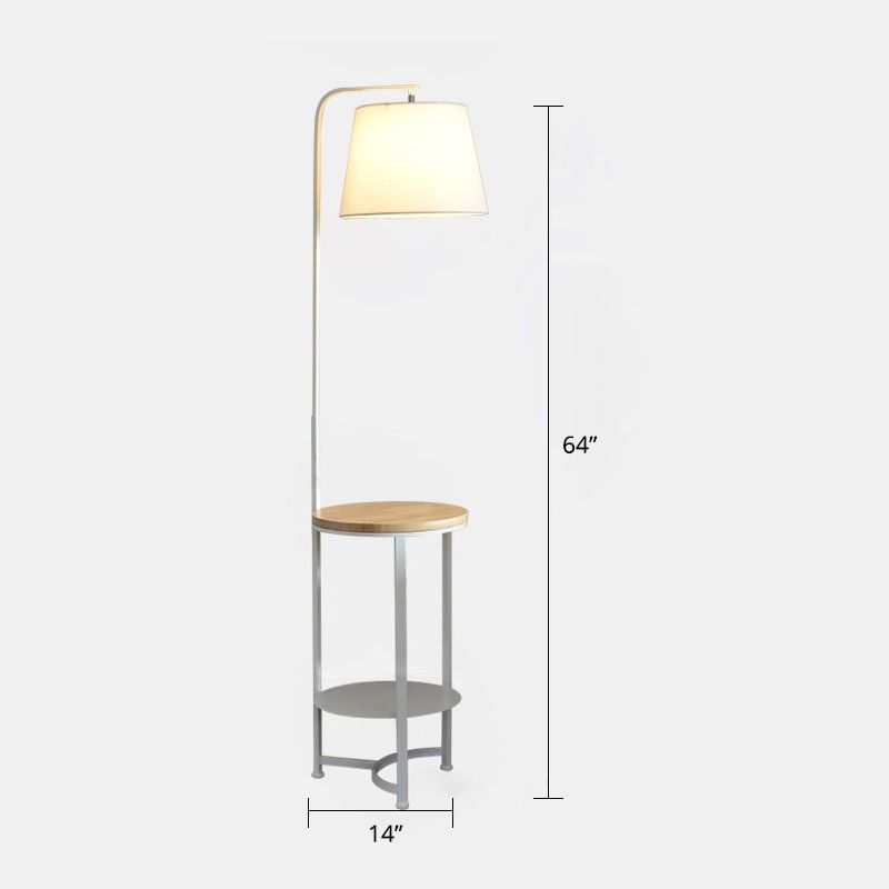 Round Fabric Floor Lamp Contemporary Single-Bulb White Standing Lighting with 2-Tier Shelf