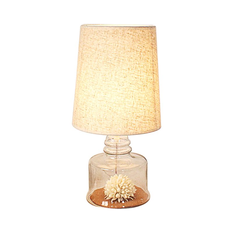 Pastoral Bucket Table Lamp 1-Bulb Fabric Night Light in Clear/Blue/Black with Dried Flower and Glass Base