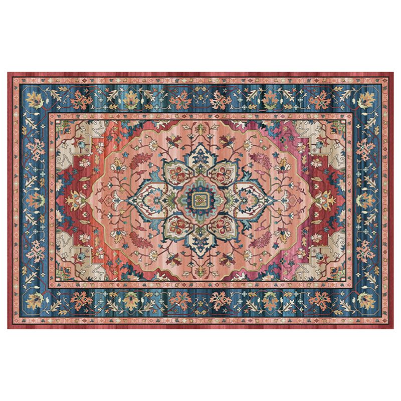 Red Tone Floral Print Rug Polyester Carpet Antique Anti-Slip Backing Indoor Rug for Living Room