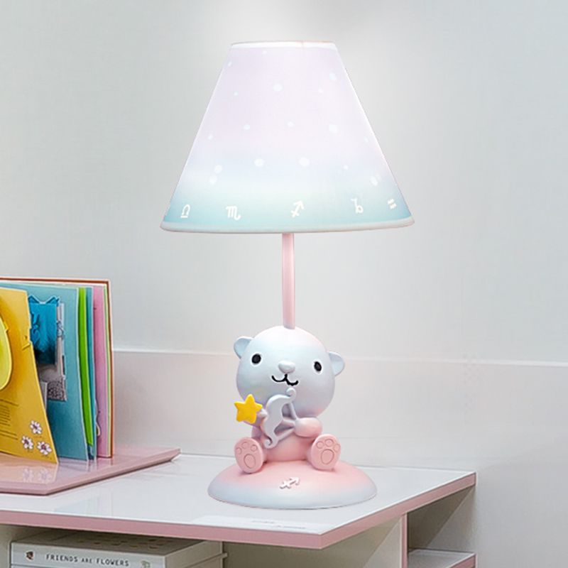 Pink Constellation Night Table Light Cartoon 1 Bulb Resin Nightstand Lamp with Cone Fabric Shade