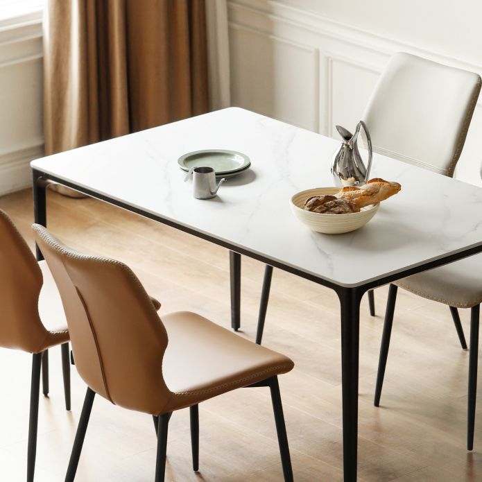 Modern White Rectangular Stone Top Dining Table with 4 Metal Black Legs