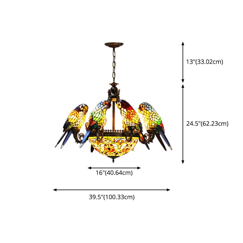 Wrought Iron Pendant Light in Tiffany Artistic Style Parrot Glass Ceiling Light for Corridor