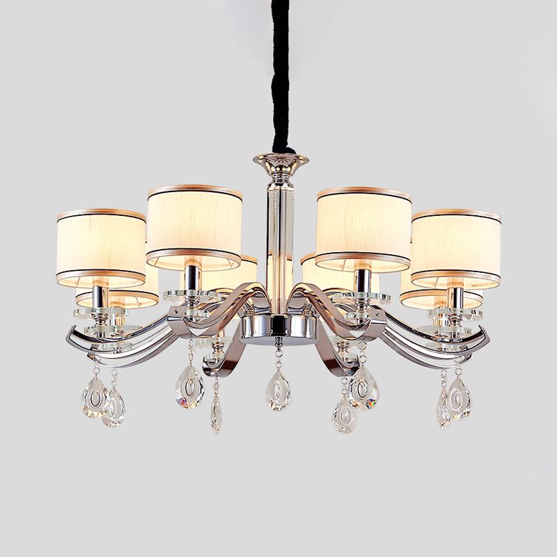 Chrome Finish 8 Bulbs Chandelier Lighting Modernism Metallic Curved Arm Pendant with Small Drum Fabric Shade