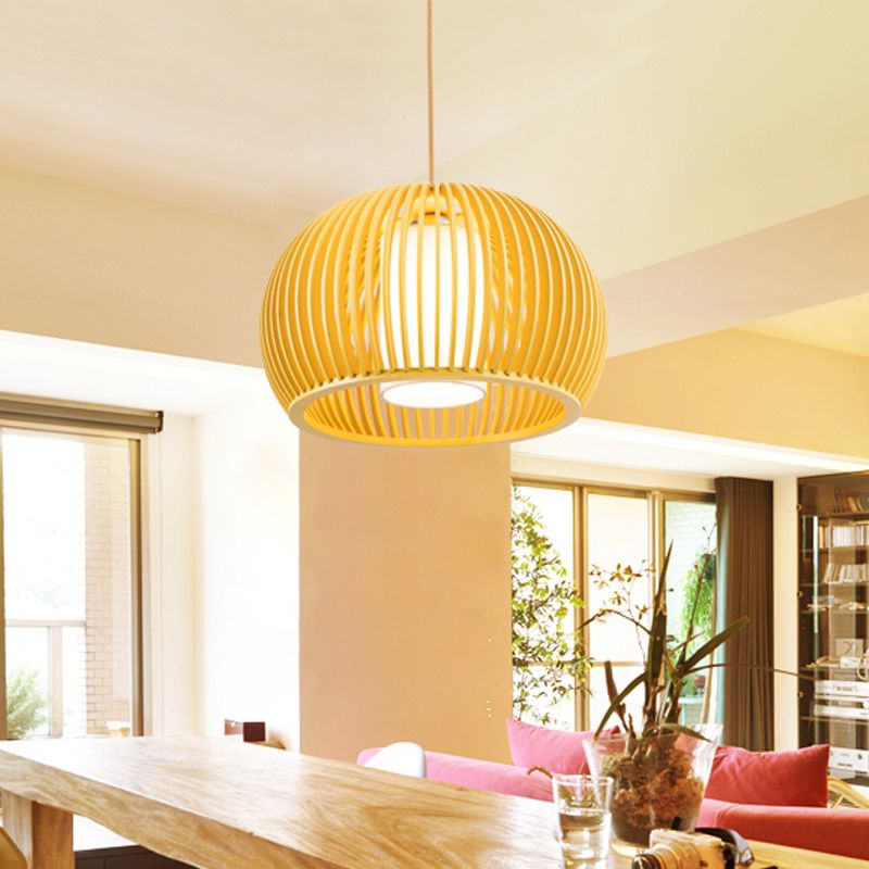 1 Head Open Kitchen Suspension Light Asia Beige Pendant Lamp with Dome Wood Cage, 14/18 Inch Wide