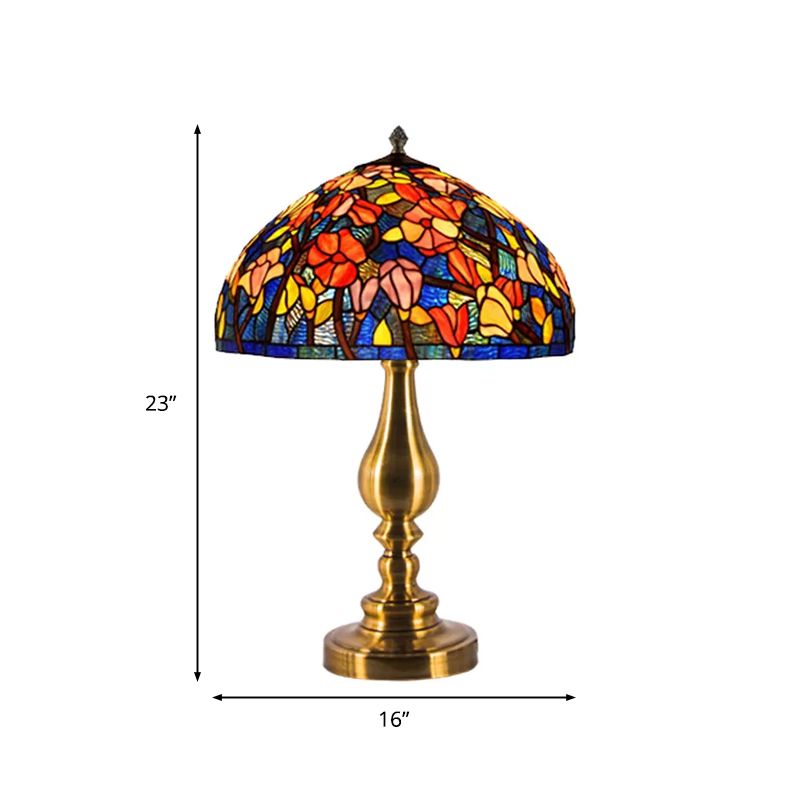 Tiffany Glass Brass Table Lamp Domed 1 Light Classic Night Lighting with Magnolia Pattern